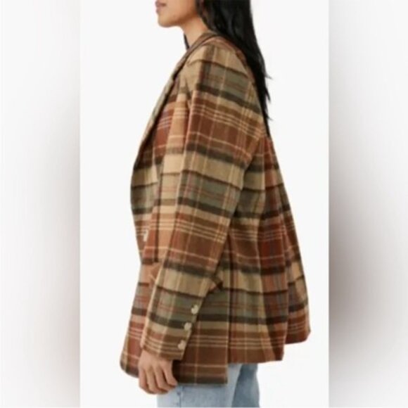 Free People Mari Brown Plaid Blazer Wool Oversized Boxy We the Free Jacket XS - Picture 6 of 12
